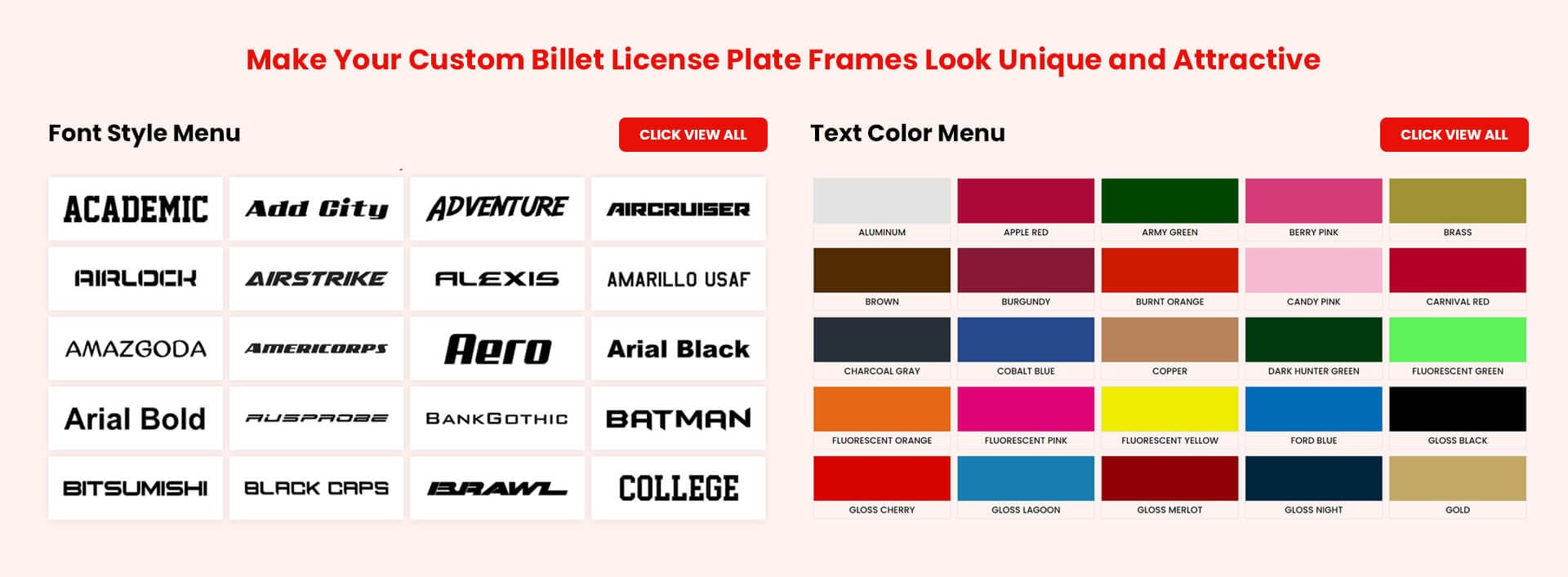 personalized license plate frames colors fonts